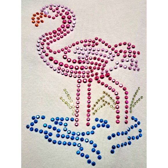 Quacker Factory L Light Lime Green Short Sleeve Shirt Rhinestone Flamingo - Picture 4 of 6